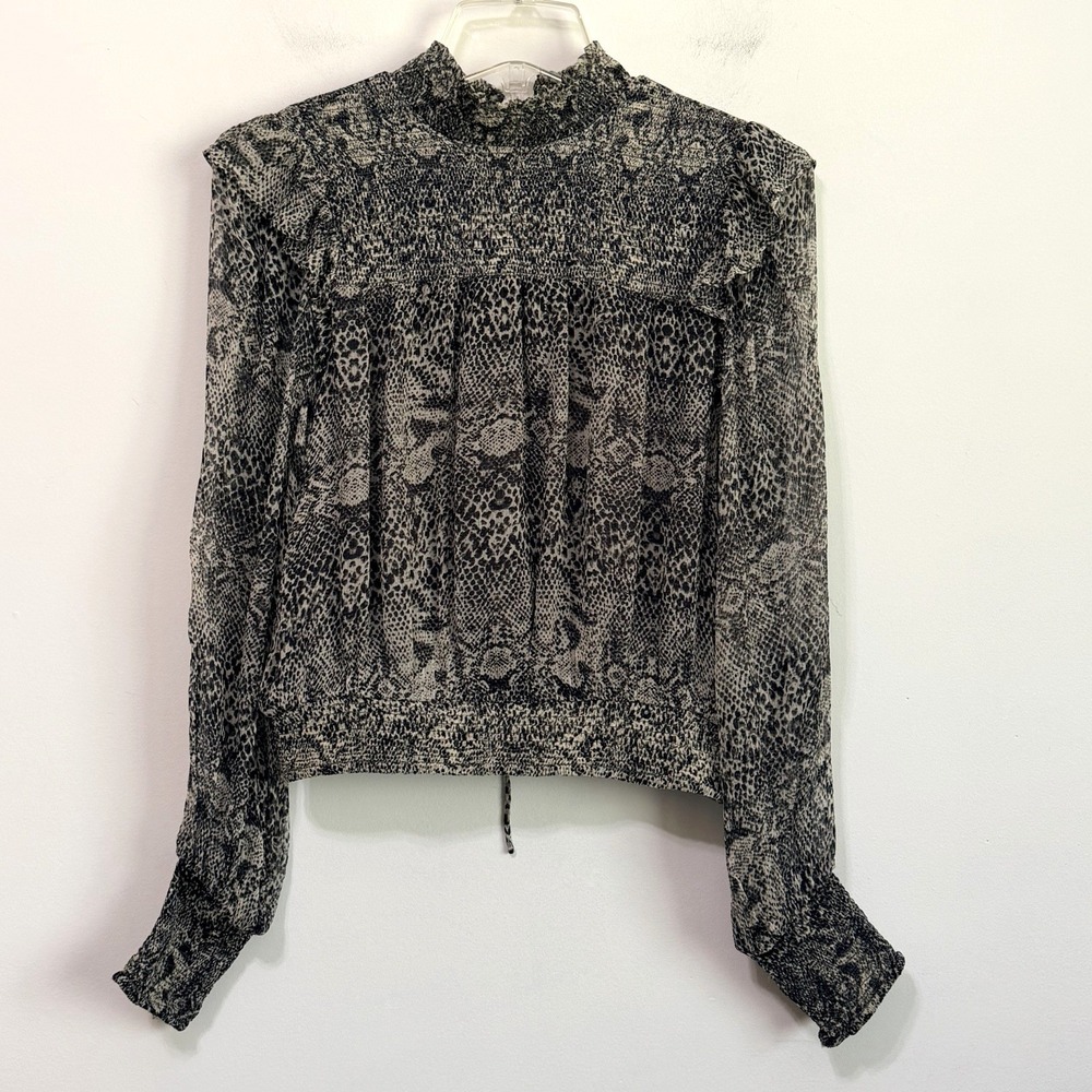 Free People Roma Blouse XS Snake Print Balloon Sleeve Lace Up Back Smocked Gray